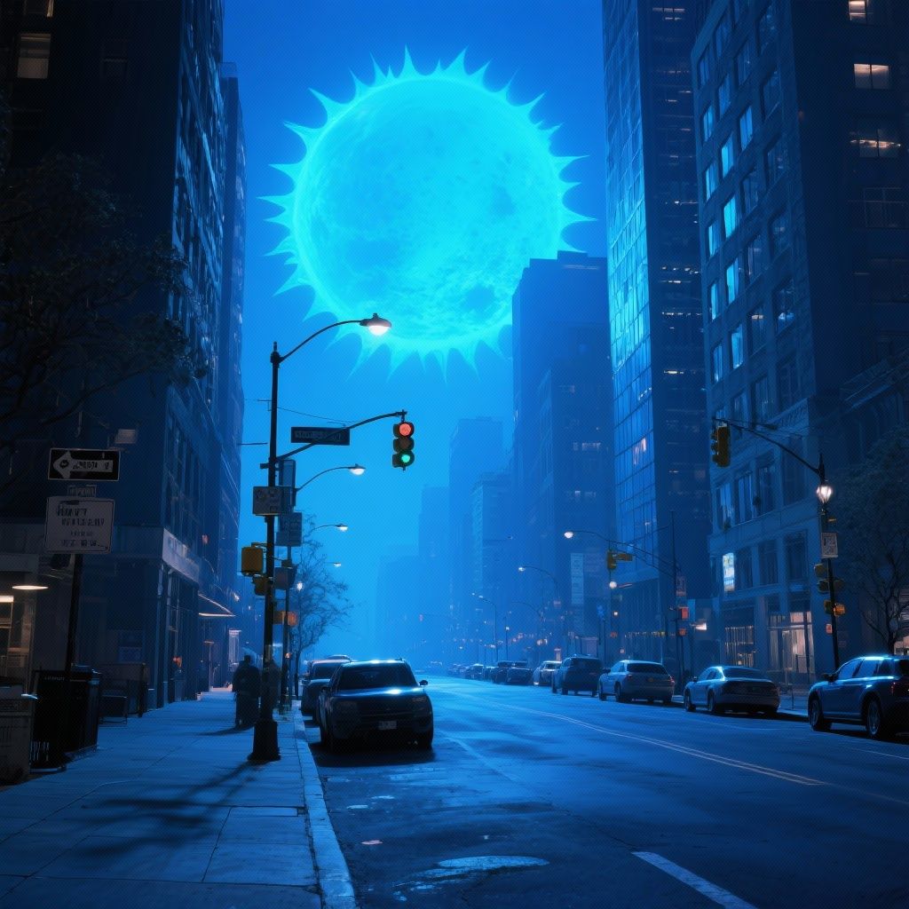 Алексей Ломакин – A massive blue sun dominates the urban street scene, casting ethereal azure light across the asphalt and buildings. T…