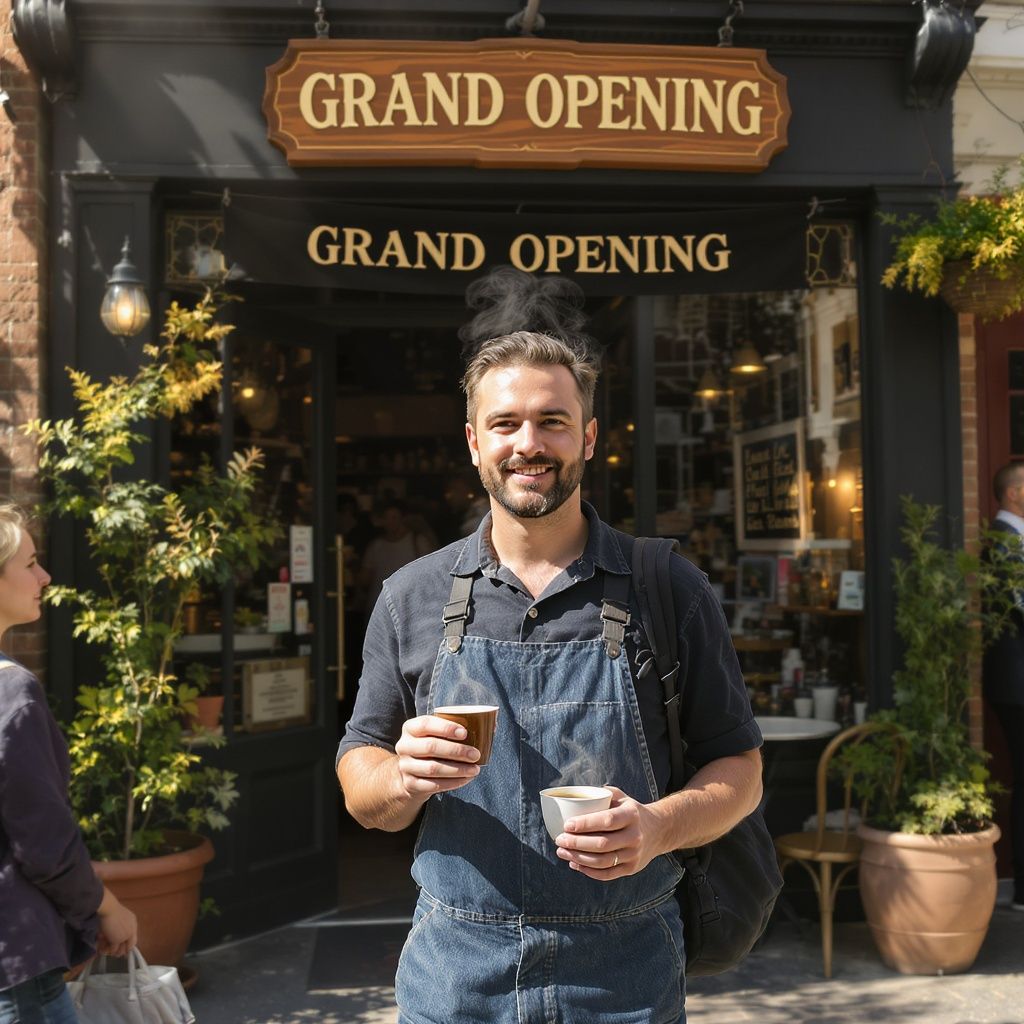 Ali Touti – Coffee shop owner proudly standing in front of newly opened cafe, holding steaming cup of signature blend, vintage-st…