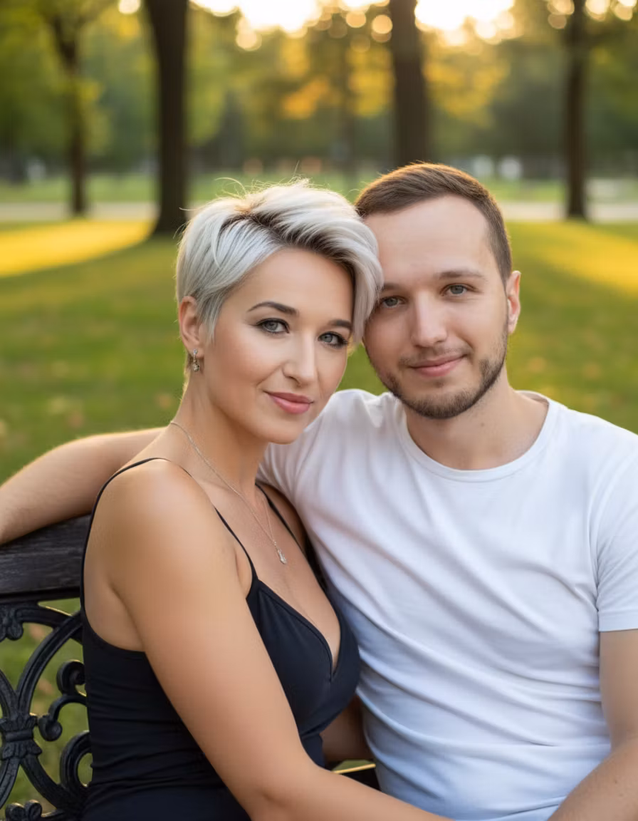Светлана – A romantic couple sitting together on an elegant park bench, embracing each other while looking directly at the camer…