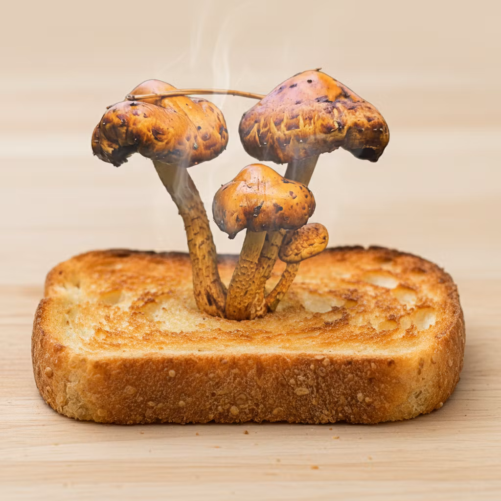 Ronny RS – Take the cluster of orange-brown mushrooms from the image and place them standing on top of a golden, crispy slice of…