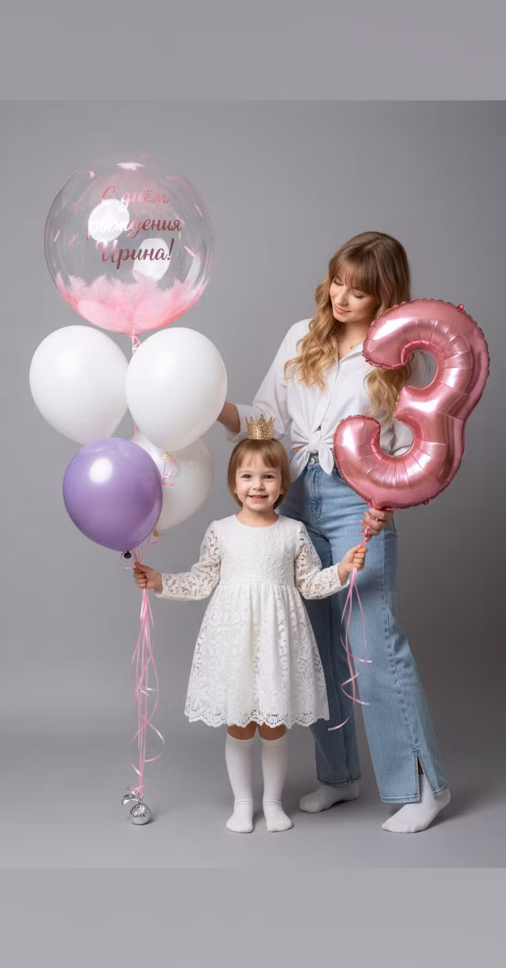 Olesaya Zavolskaya12 – A heartwarming birthday portrait features a young woman and a small child standing side-by-side against a plain gray …