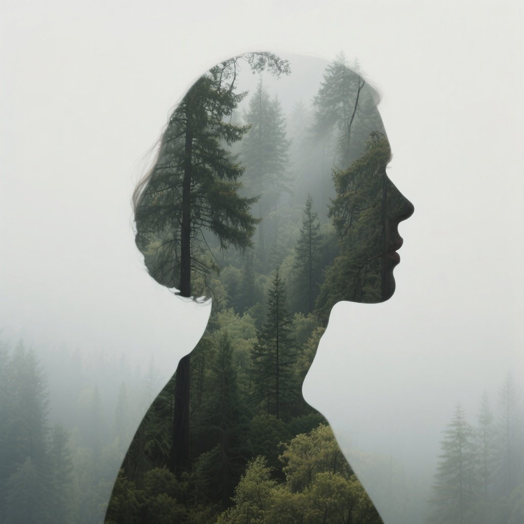 C. – Double exposure artistic blend with person's profile silhouette more defined yet naturally transitioning into forest …