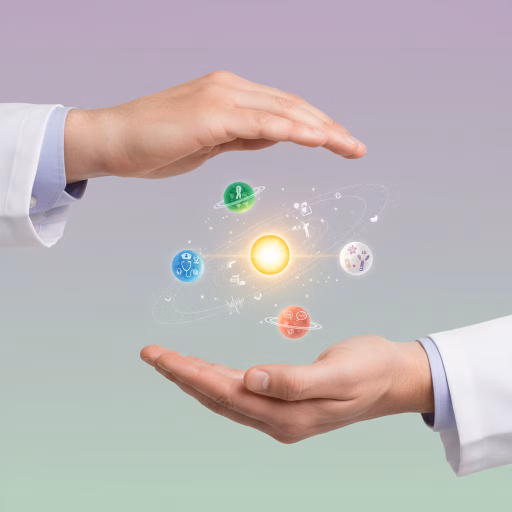 Анна – A compassionate doctor in a pristine white coat gently cupping their hands to hold a miniature, glowing solar system.…