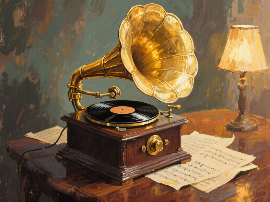 bluewallblacktile – Painterly illustration of an antique brass gramophone with a wide flared horn painted in layered golden tones, soft h…