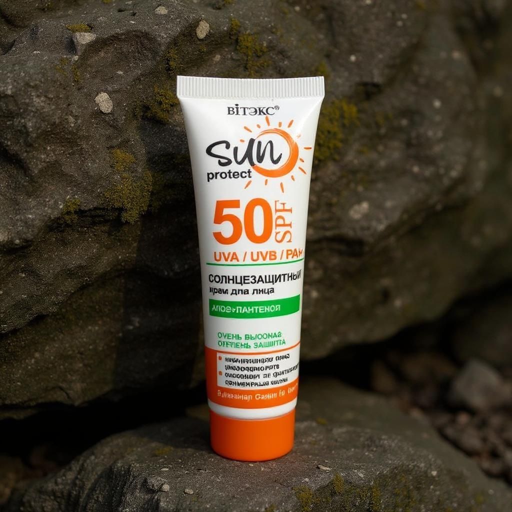 Ali Shahsavari – Ultra-realistic product mockup: exact ВИТЭКС sunscreen tube replica with identical white cylindrical body, bright ora…