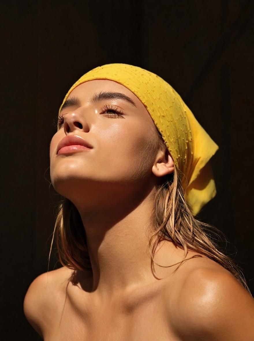 Kyro – Change the white headscarf to a beautiful yellow headscarf, maintaining the same elegant texture, folds, and draping …