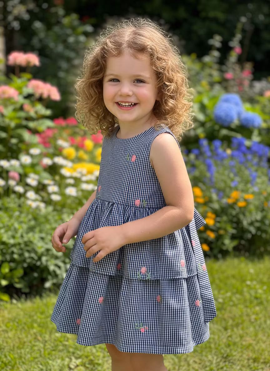 Rahil Suroo – A joyful 3-year-old girl with fair skin and curly hair, wearing a sleeveless navy blue and white gingham check dress …