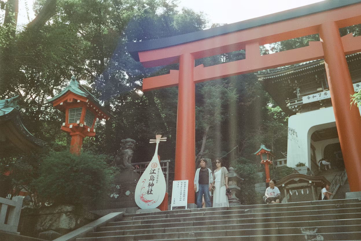 Alexis Lin – Repair this scanned film photograph of a Shinto shrine scene by targeting only the remaining damage artifacts from im…