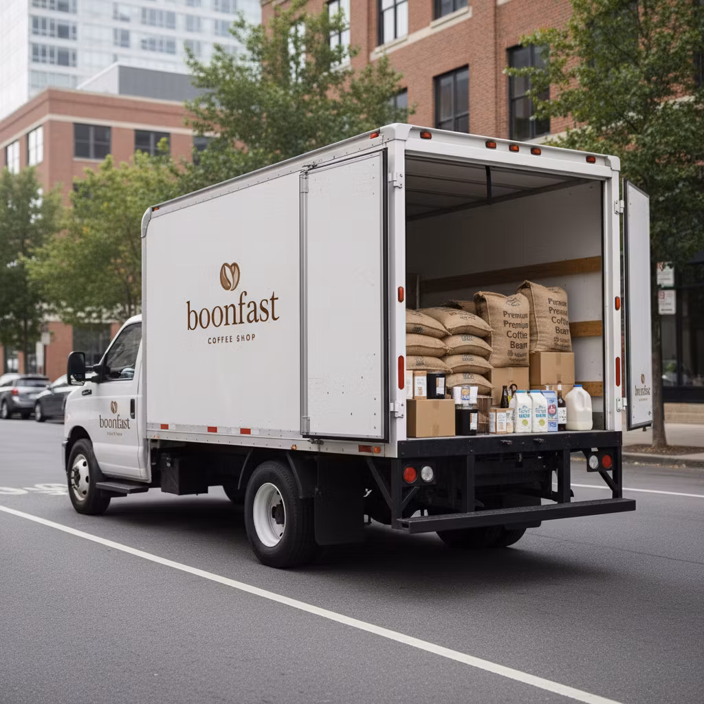 متعب – Create a realistic mockup of a modern white cargo truck parked on a street, loaded with goods in the back such as sta…