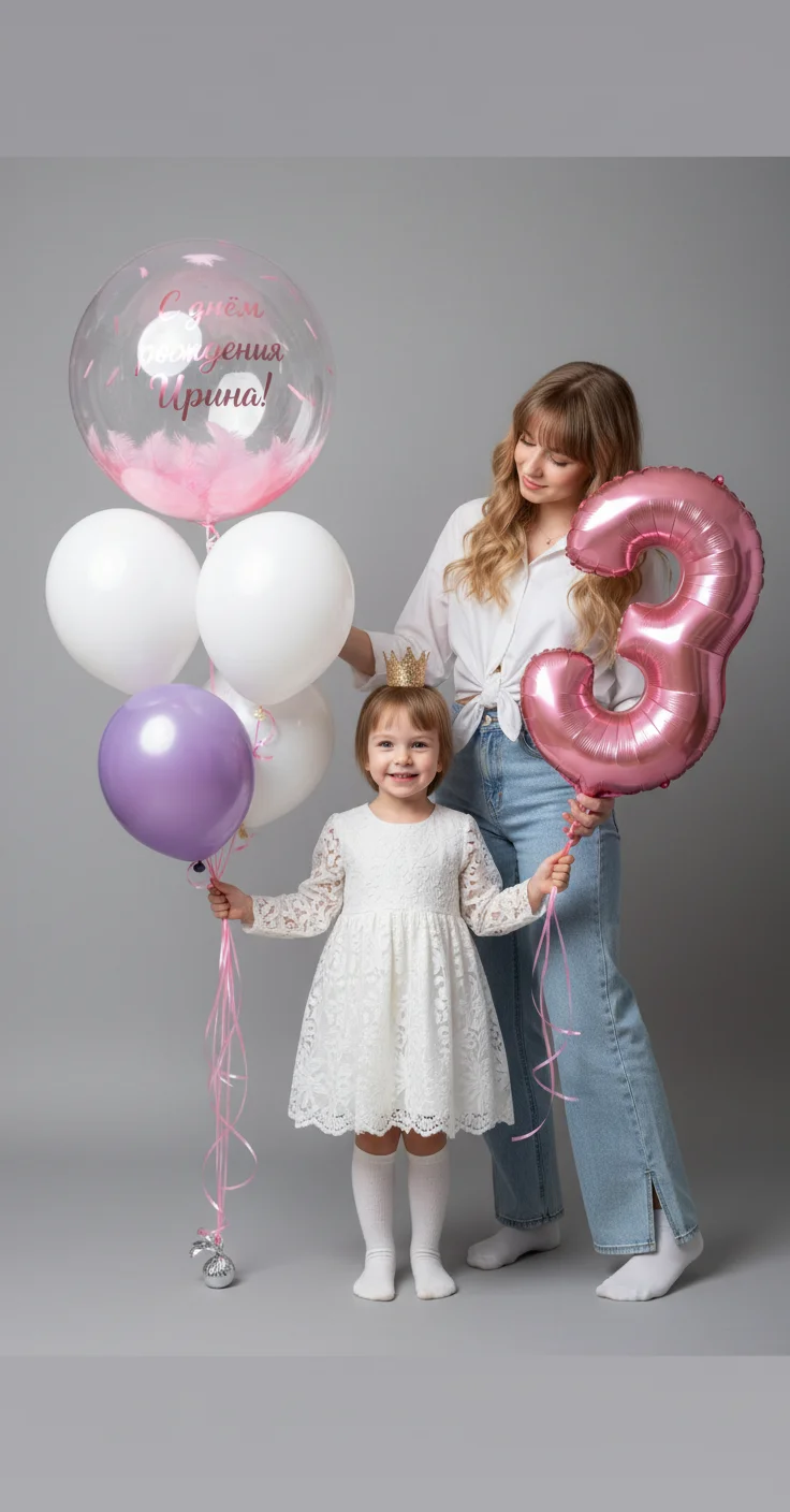 Olesaya Zavolskaya12 – A heartwarming birthday portrait features a young woman and a small child standing side-by-side against a plain gray …