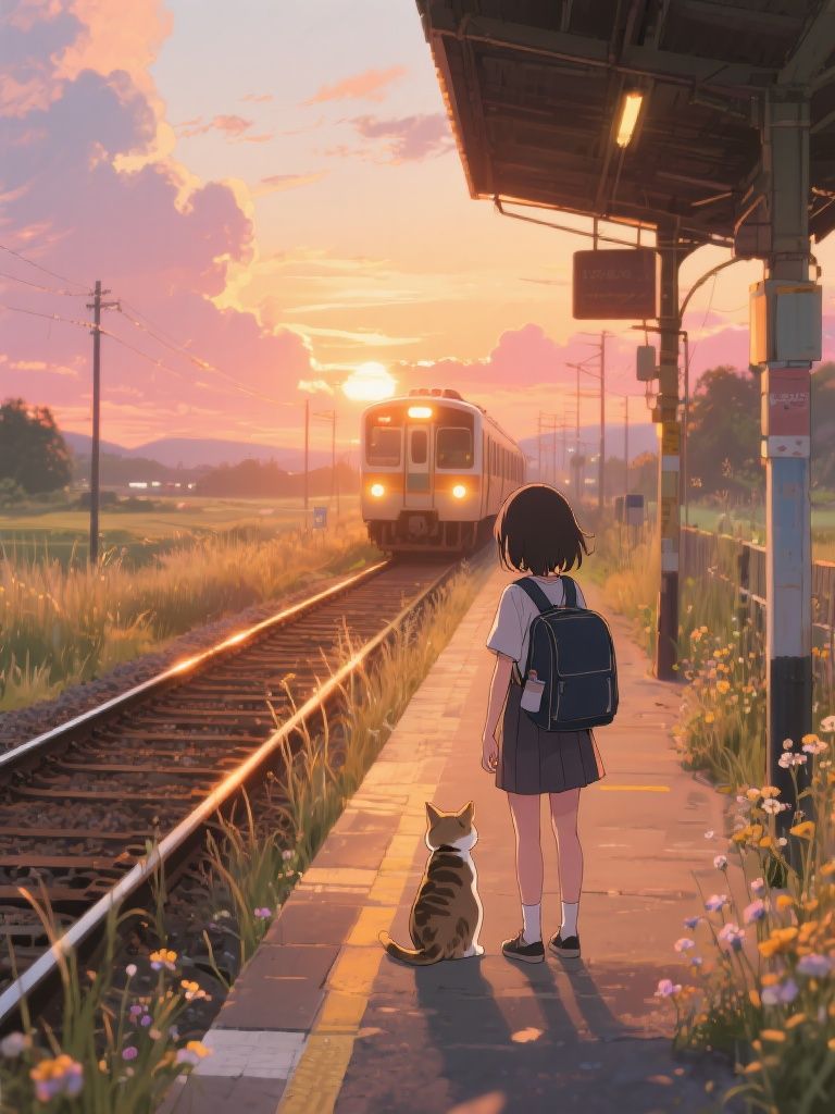Ccddz – Anime girl and tabby cat waiting together on quiet countryside train platform at dusk, emotional back view compositio…