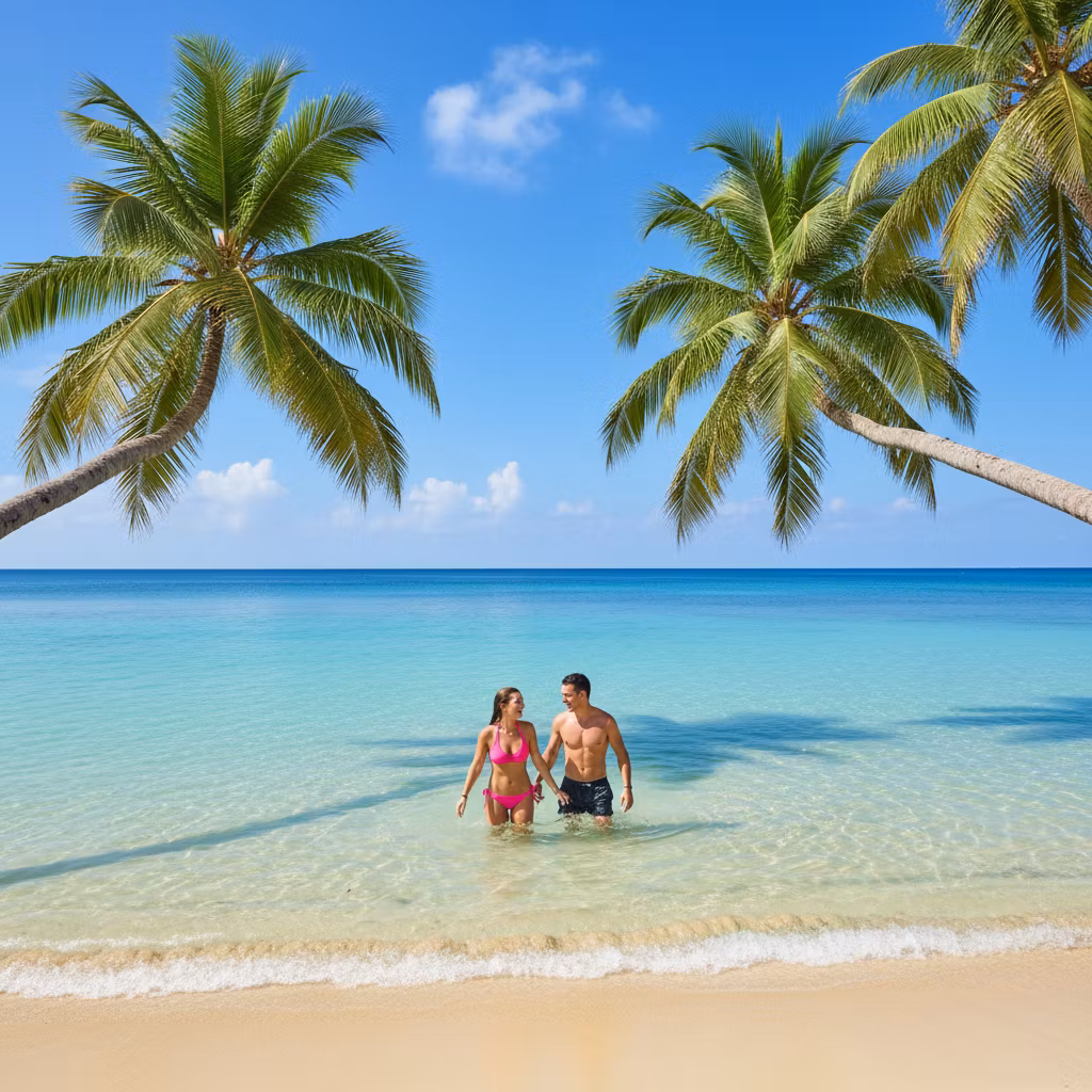Лариса Примоченко – A beautiful tropical beach scene with crystal clear turquoise blue ocean water. A young woman in a bright pink bikini…