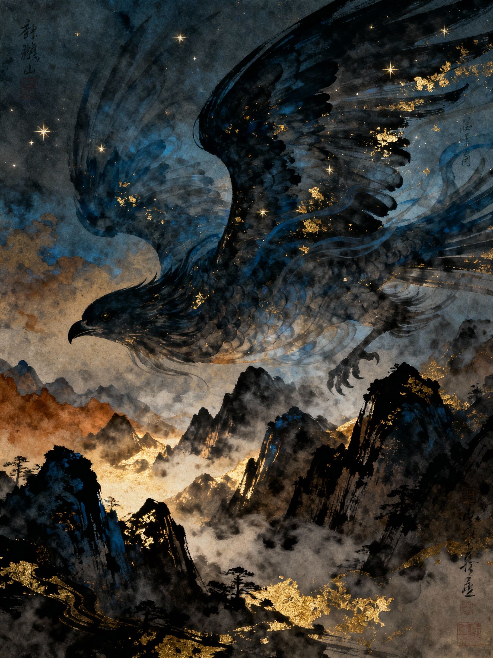 Kyro – Dark Chinese aesthetic artwork featuring Kunpeng from Shan Hai Jing (Classic of Mountains and Seas), rendered in trad…