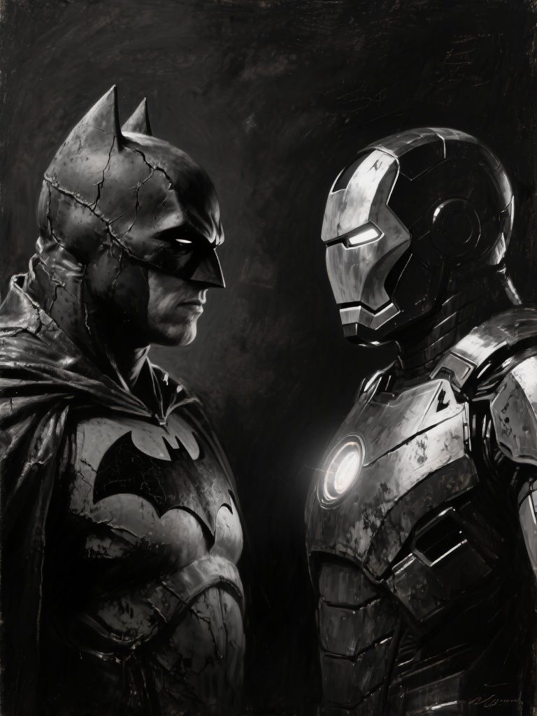Kyro – Monochrome baroque portrait of Batman and Iron Man facing each other in dramatic Rembrandt-style chiaroscuro. Chest-u…