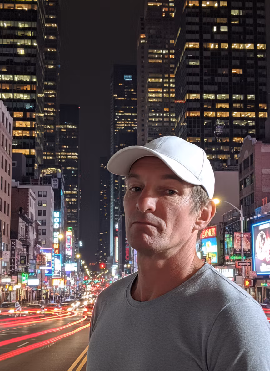 Артём – Remove the original background and replace it with a vibrant, bustling big city street scene at night, with skyscrape…
