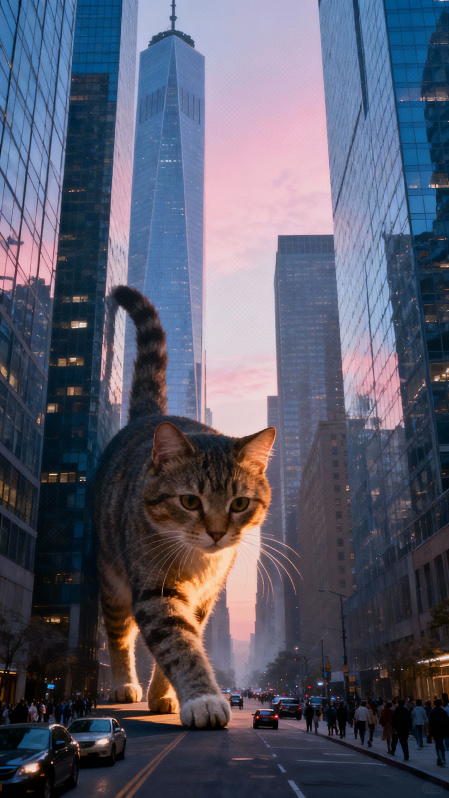 Ccddz – Surrealist, cinematic urban scene: a single enormous, lifelike domestic cat wandering through a canyon of modern glas…