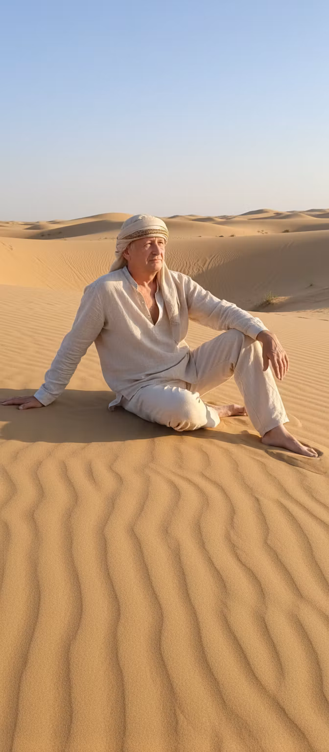 Юрий Кучин – A contemplative man sitting on a golden sand dune in a vast desert landscape, positioned in a relaxed pose with one a…