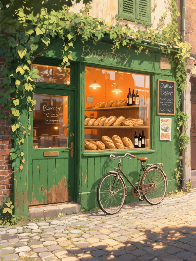 Ccddz – Cozy small-town bakery storefront wrapped in lush green ivy, deep green painted wooden walls and paneled door. Warm l…