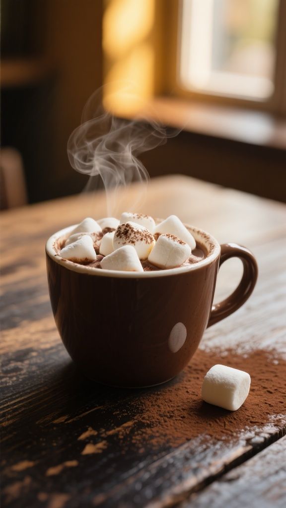Ccddz – Steaming hot chocolate mug overflowing with fluffy mini marshmallows, placed on weathered dark wood grain table. Warm…