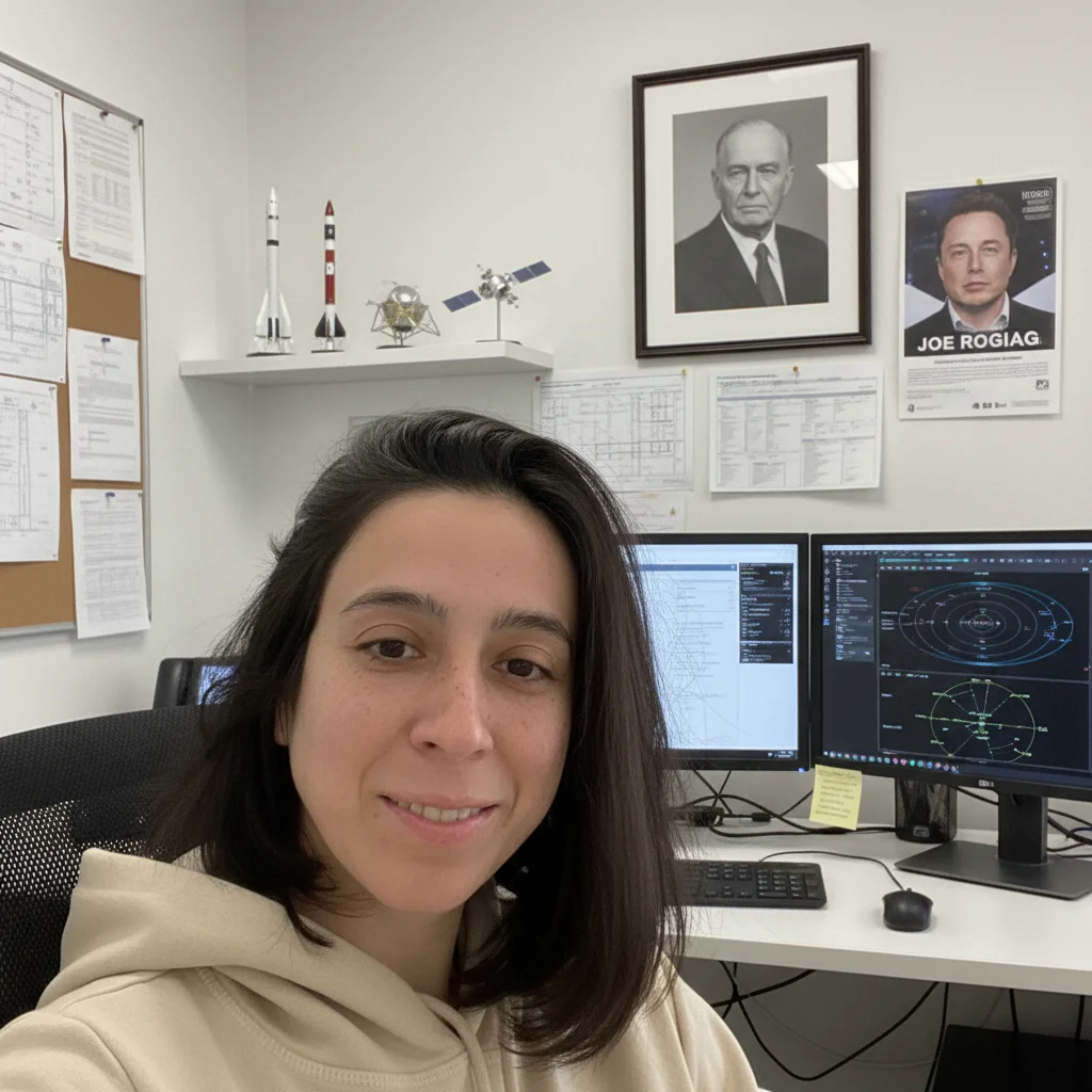 Павел – Professional office portrait of a female aerospace engineer with specific facial features: oval face shape with soft …