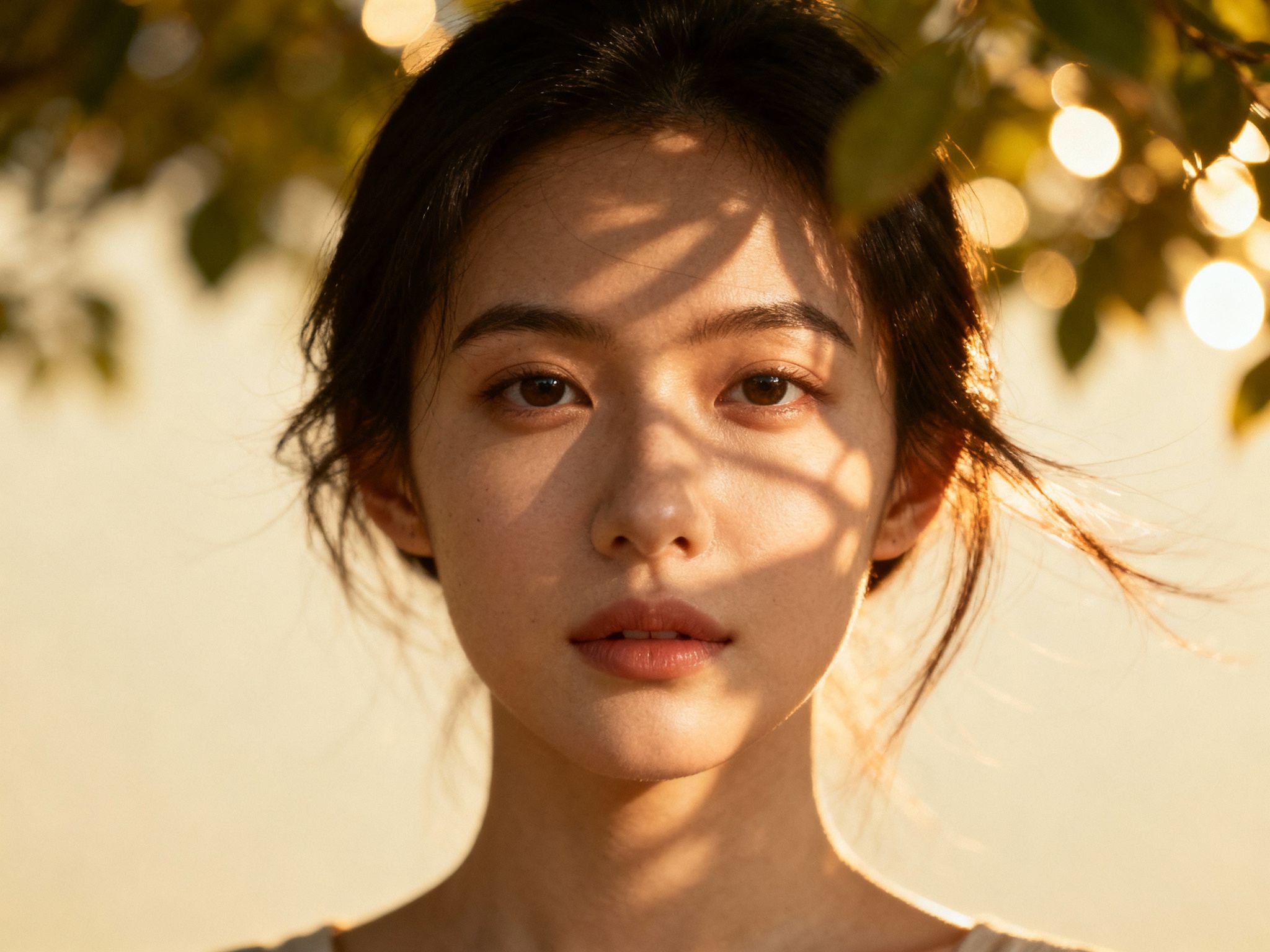 Ccddz – Front-facing close-up portrait of a young woman, framed from chest up, bathed in dappled golden-hour sunlight filteri…