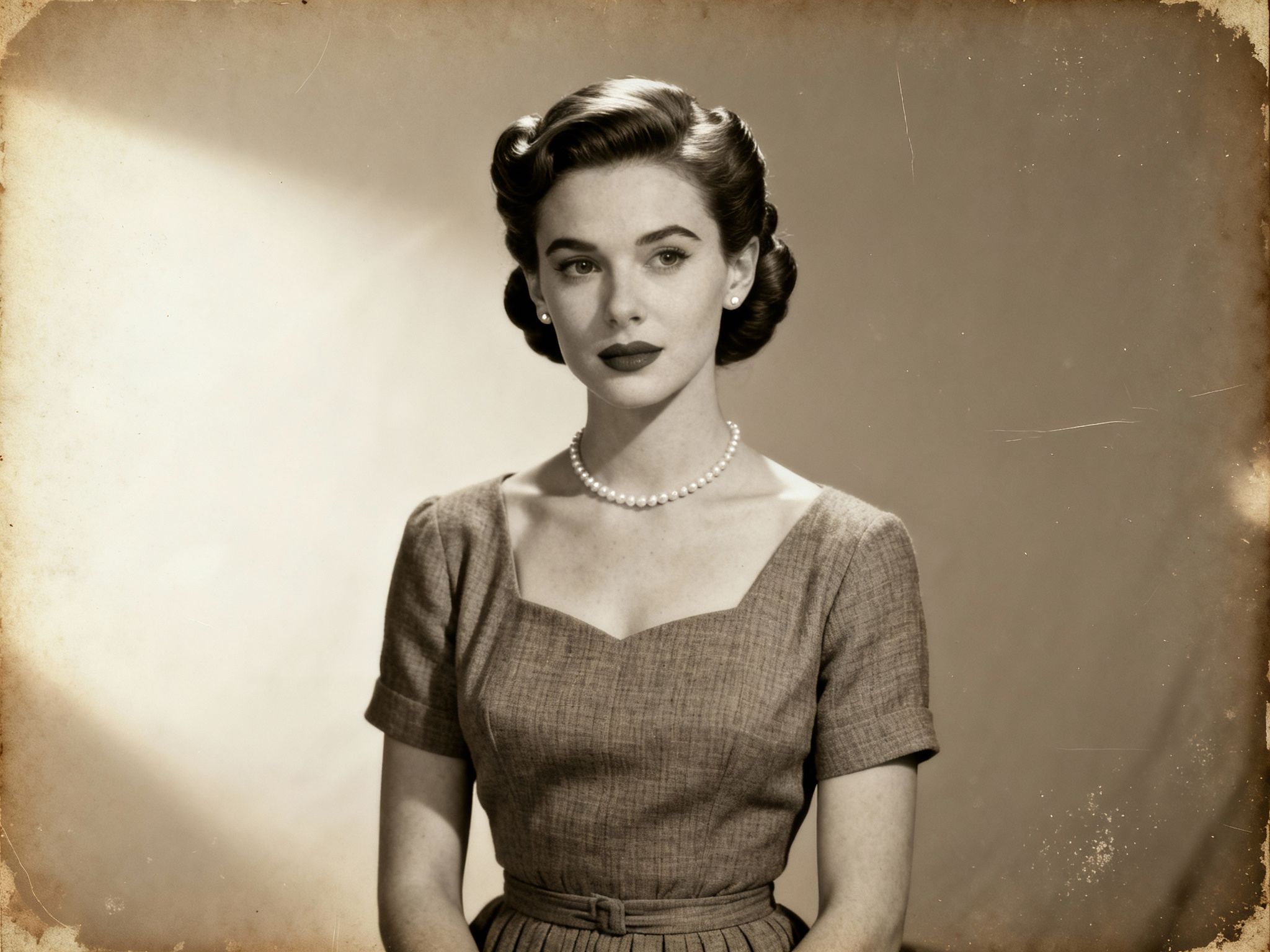 grizzly – Photorealistic vintage portrait of a young woman in authentic 1950s-style clothing, composed for a landscape 4:3 fram…