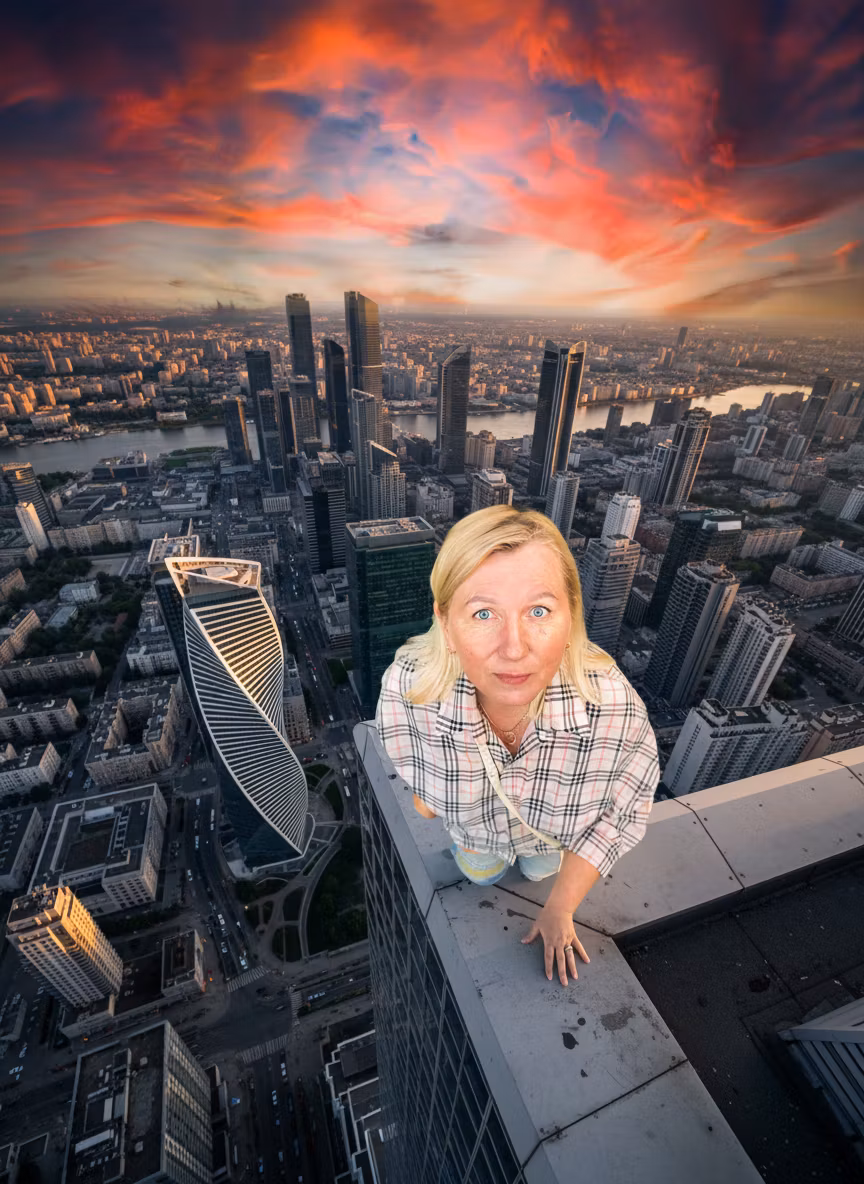 Ольга – Transform this scene so the person appears to be standing on the very edge of a skyscraper rooftop. Replace the grass…