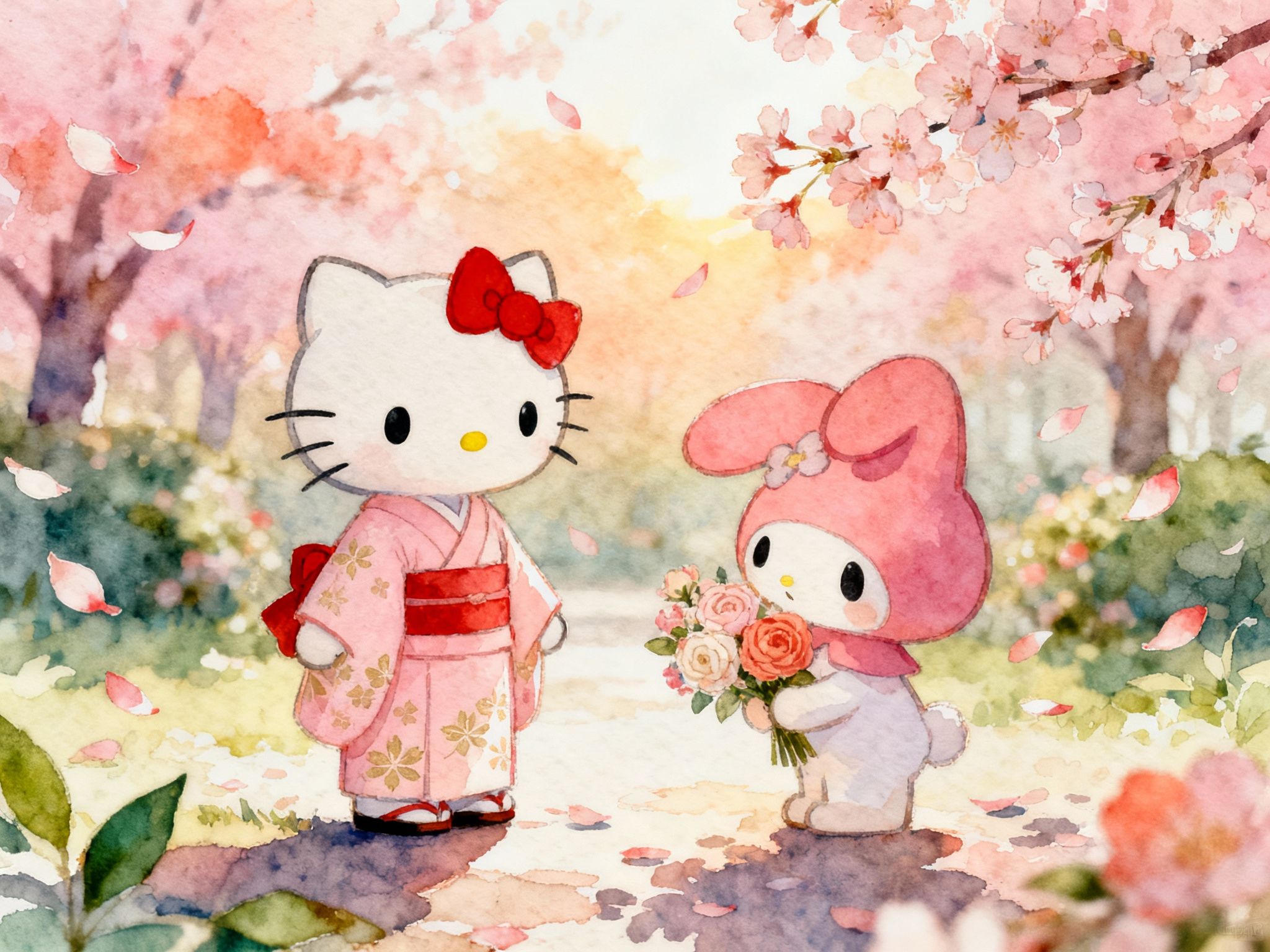 grizzly – Full-bleed 4:3 landscape wallpaper in a dreamy, saturated watercolor Sanrio style, elegant and story-driven compositi…