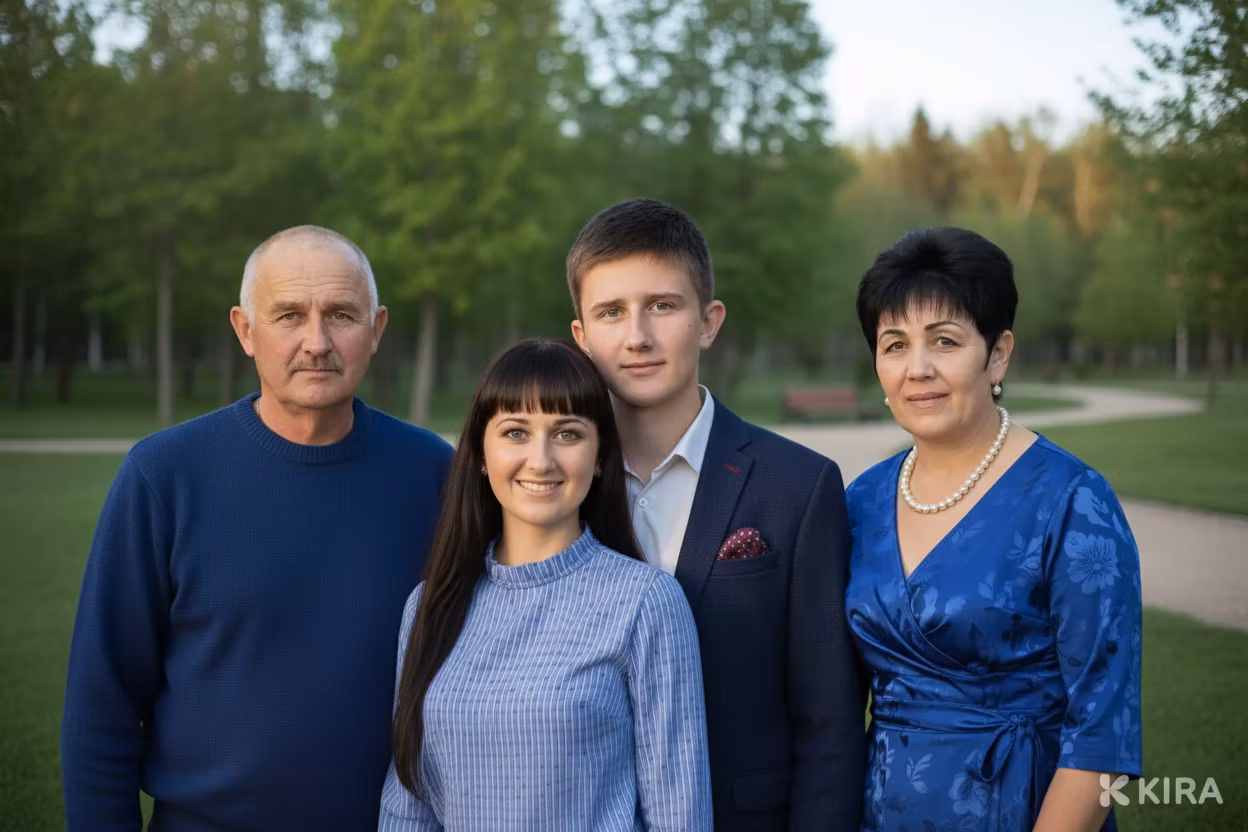 Любовь Павленко – Replace the background of the provided waist-up portrait with a new, neutral late-morning municipal park scene chosen…
