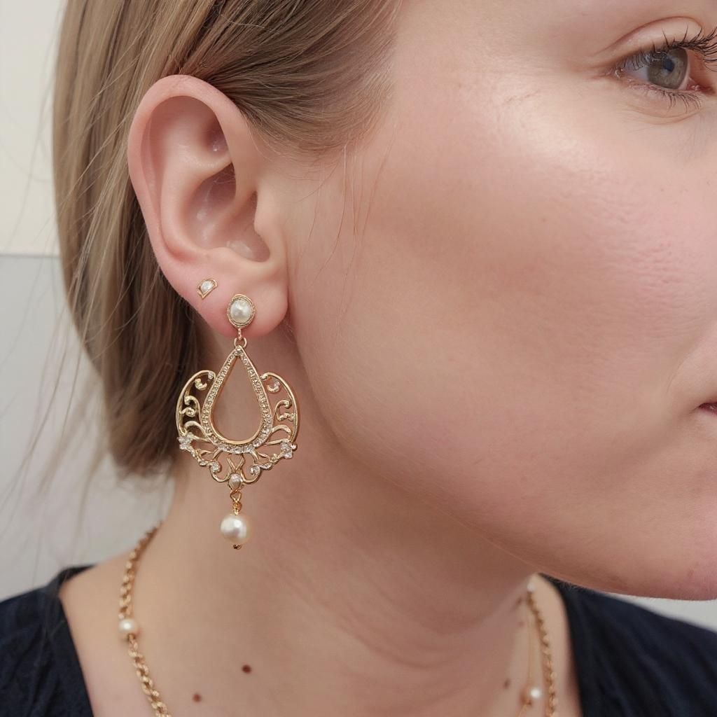 Jari J – Large elegant golden earring, statement piece with sophisticated design, luxurious 18k gold finish with warm honey to…