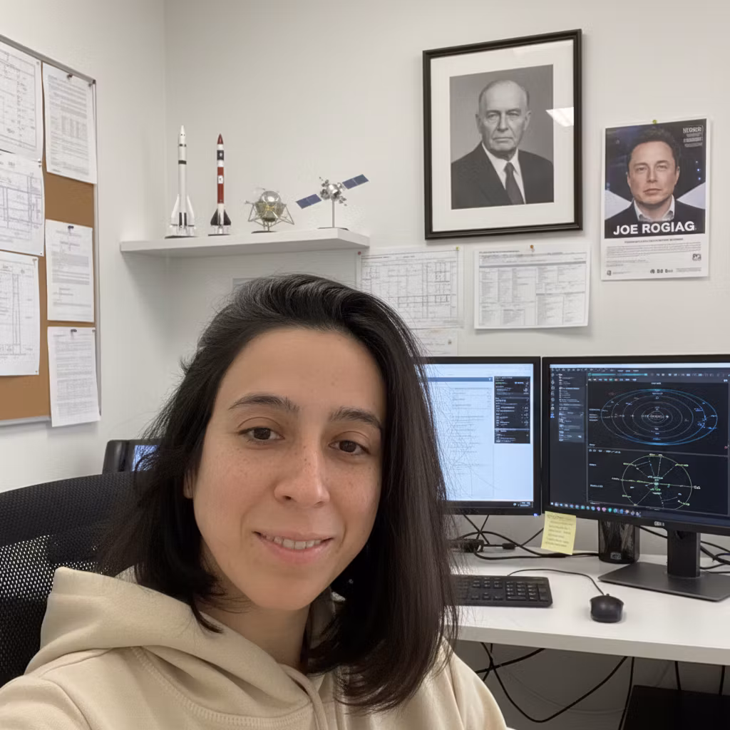 Павел – Professional office portrait of a female aerospace engineer with specific facial features: oval face shape with soft …