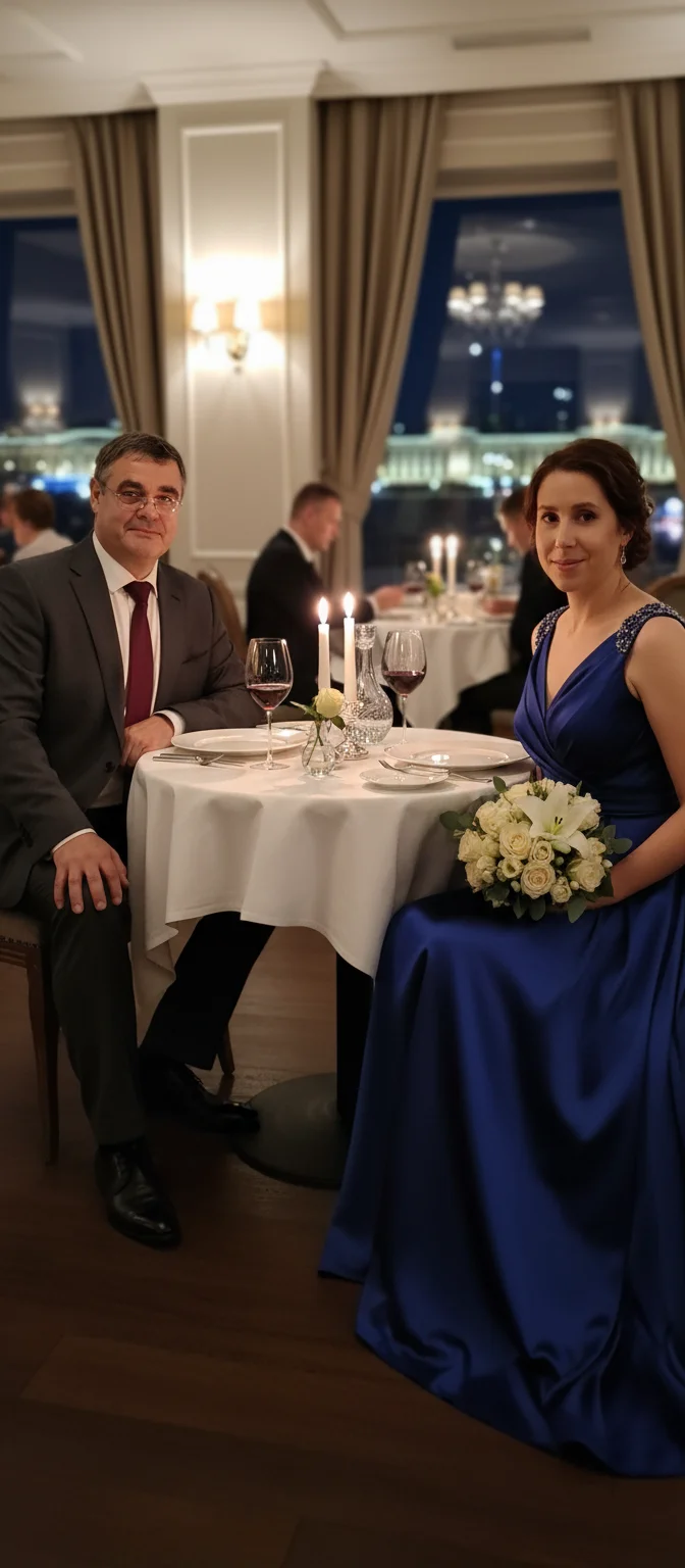 Лариса Примоченко – Transform this photograph of a smiling couple into a romantic evening scene set in an elegant restaurant. The woman, …