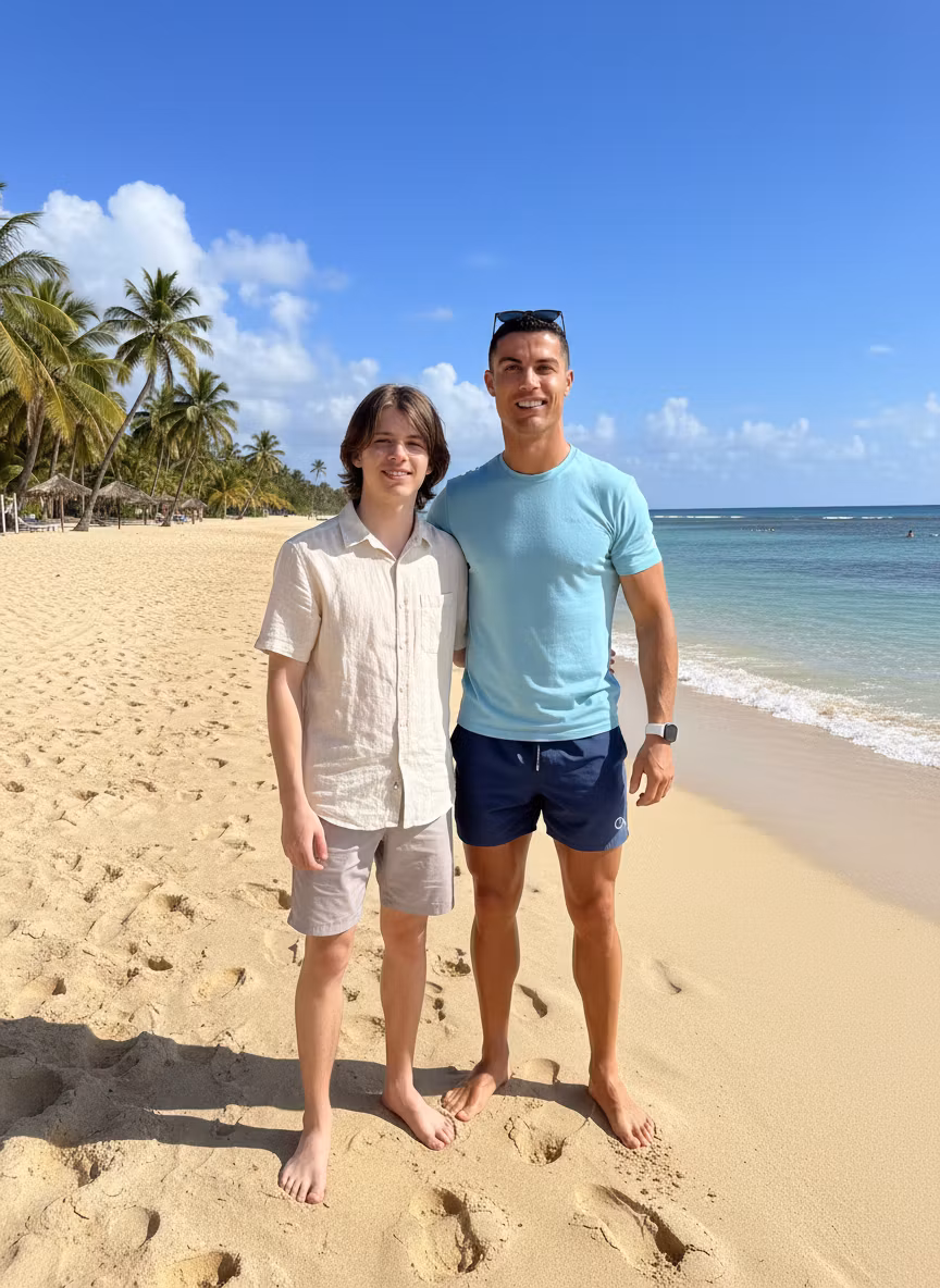 Vany Malkov – Transform this scene into a beautiful beach setting where the person is standing on a sandy beach next to Cristiano R…