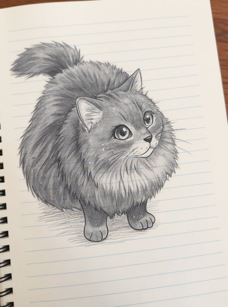 Alexandrsyncerd – Transform this fluffy gray and white cat into anime/manga art style drawn on lined notebook paper. The cat should hav…