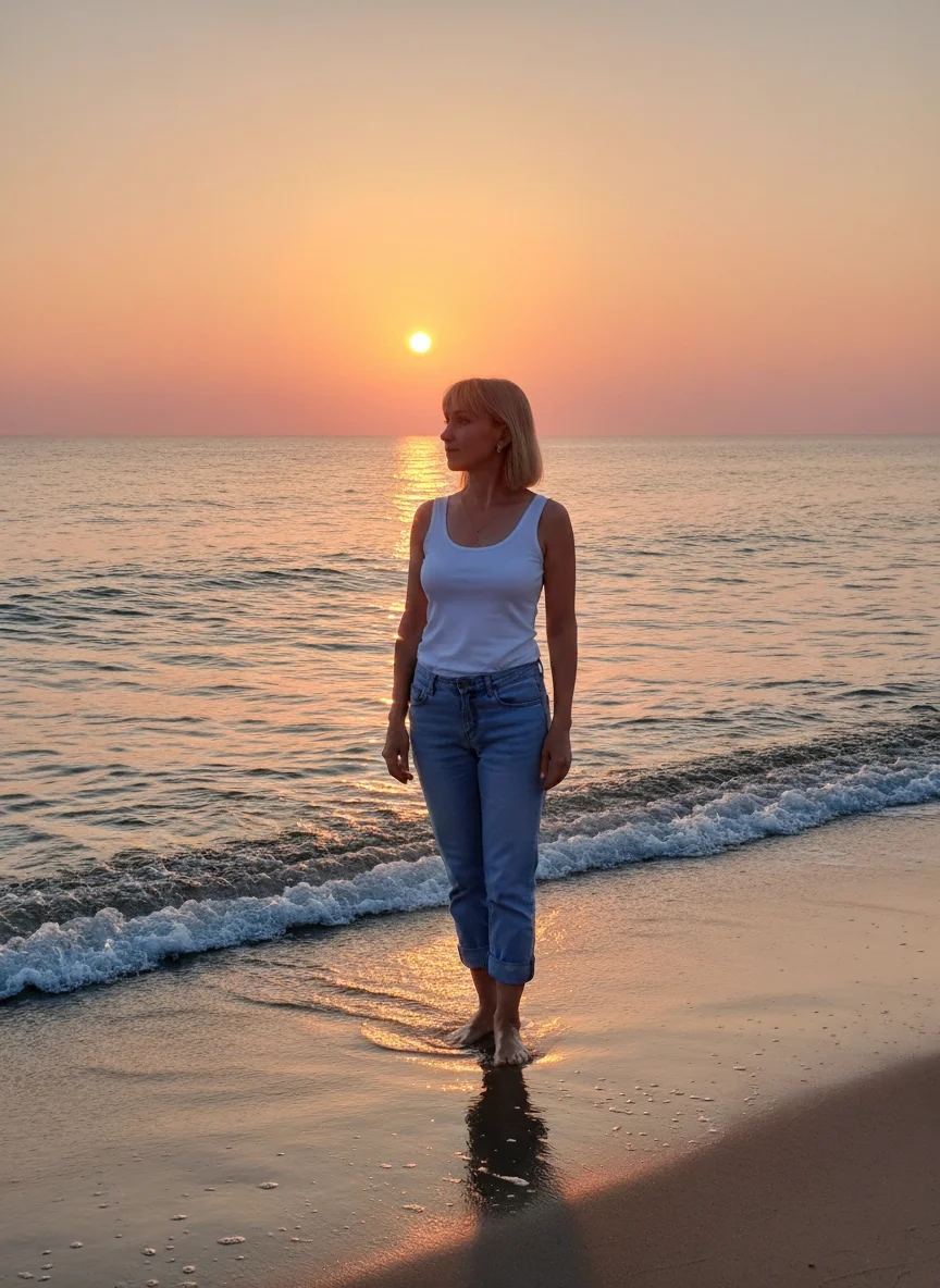 сергей меренков – Replace the face of the woman in the beach sunset scene with the exact face from the reference portrait photo. Preser…