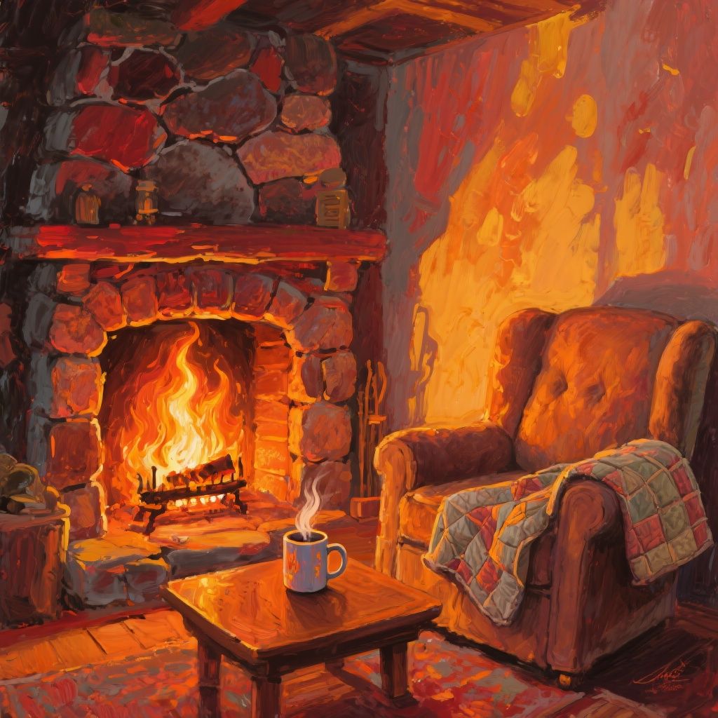 bluewallblacktile – Painterly illustration of a stone fireplace glowing with warm orange flames, painted in thick, layered brushstrokes w…