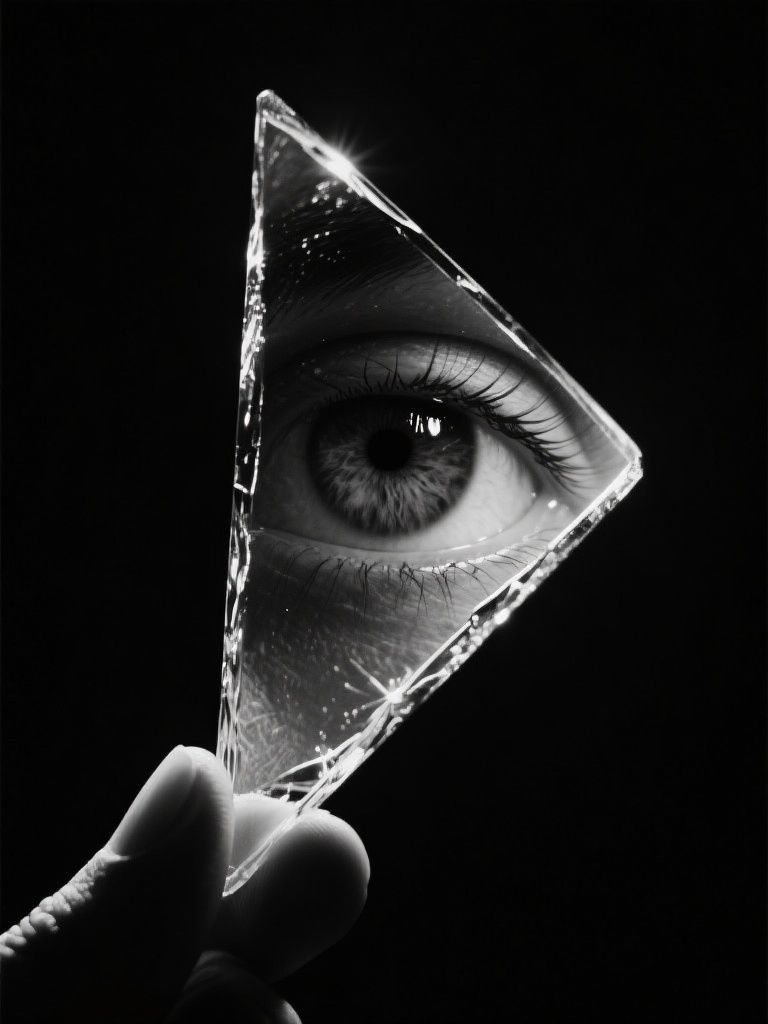 Ccddz – A haunting black and white image of a triangular shard of glass reflecting a single human eye. The reflection is slig…