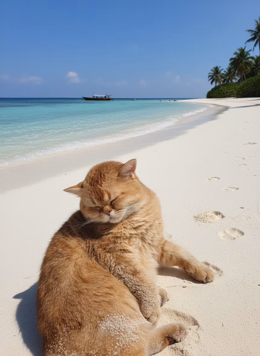 evgeniy primochenko – Using the provided photograph of a fluffy orange-brown cat lying on its side, create a photorealistic midday Maldives…