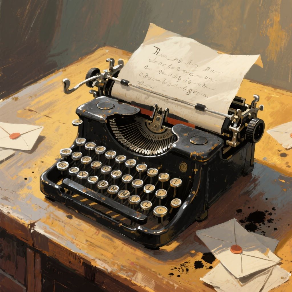 bluewallblacktile – Painterly illustration of a classic black vintage typewriter with slightly worn keys, metallic levers painted in laye…
