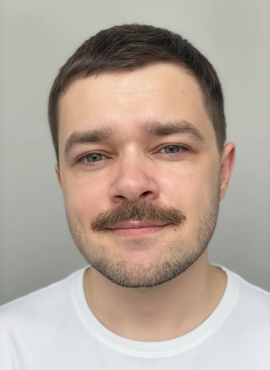 Vladimir Legkostupov – Transform this portrait into a professional LinkedIn headshot with the following specifications: Create a studio-qual…