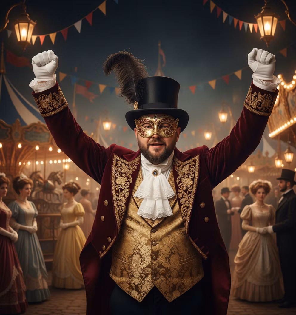 Герман Маслов – Transform this enthusiastic sports fan into an elegant Victorian count at a grand carnival celebration. Replace his m…