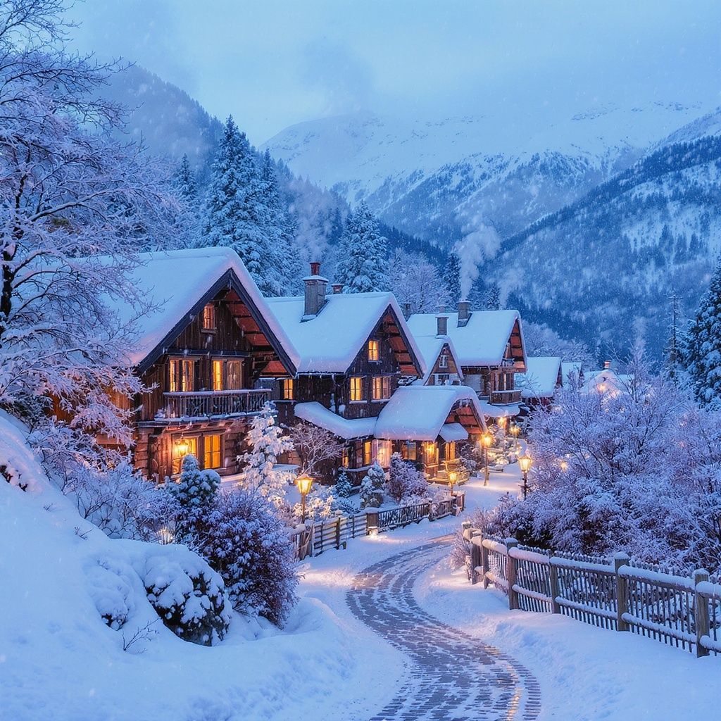 Joe Batutis – A serene snow-covered village nestled in a winter landscape, cozy wooden houses with warm glowing windows, smoke gent…