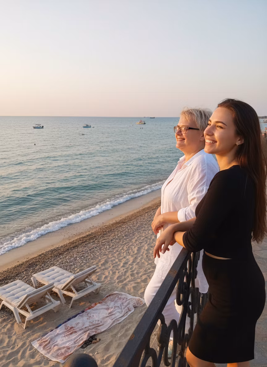 Марина Аманова – Create a vibrant and relaxing atmosphere of a sea vacation on a sunny beach. Feature two women: one older with short …