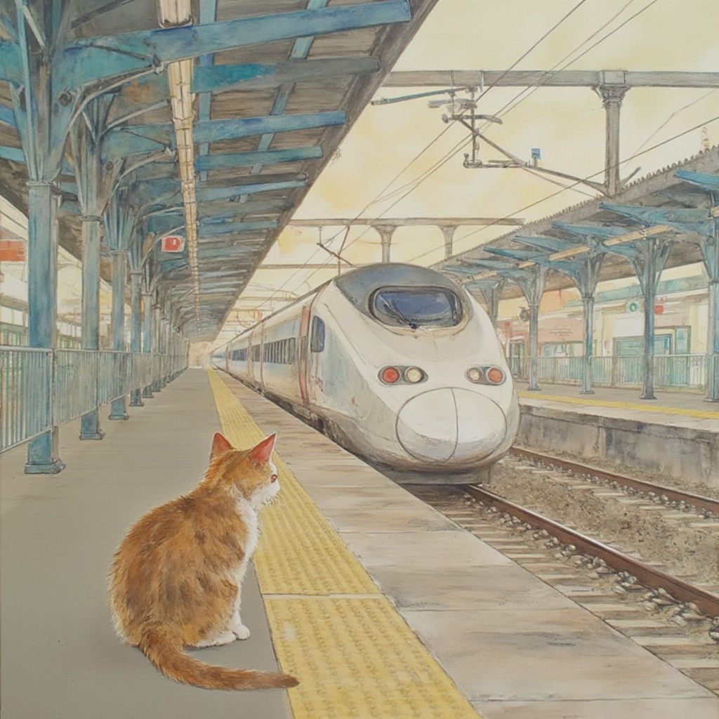 Ccddz – A small cute cat sitting on a high-speed railway platform, watching a train departing in the distance. The cat is pos…