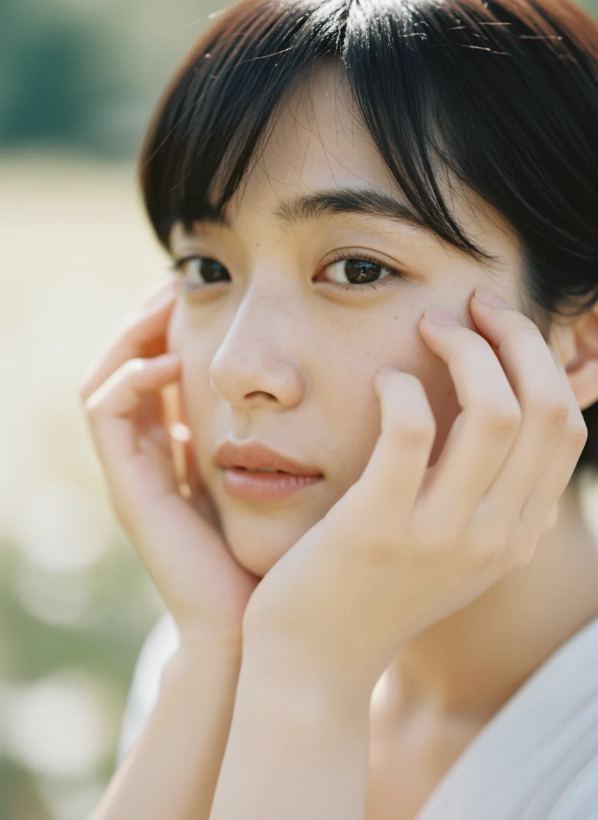 grizzly – Japanese 写真 style intimate close-up portrait of a young woman with her face gently resting on her hands, creating a t…