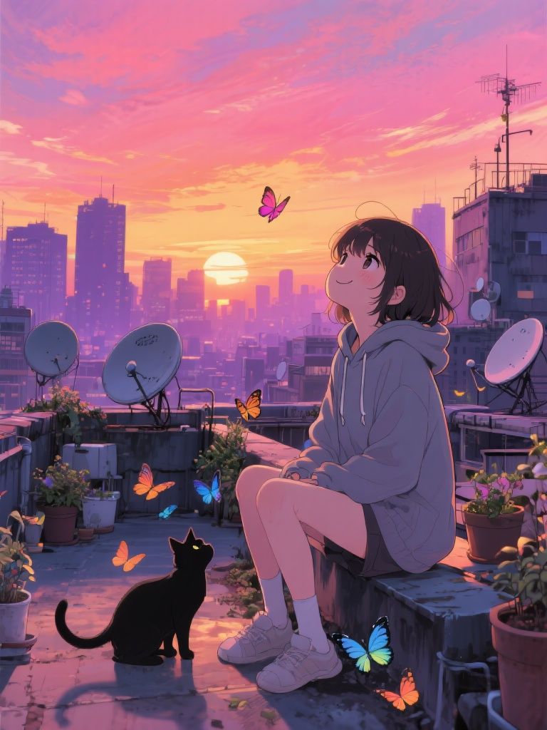 Ccddz – Anime girl in oversized hoodie sitting on urban rooftop at sunset, gazing up at dramatic pink-orange gradient sky wit…