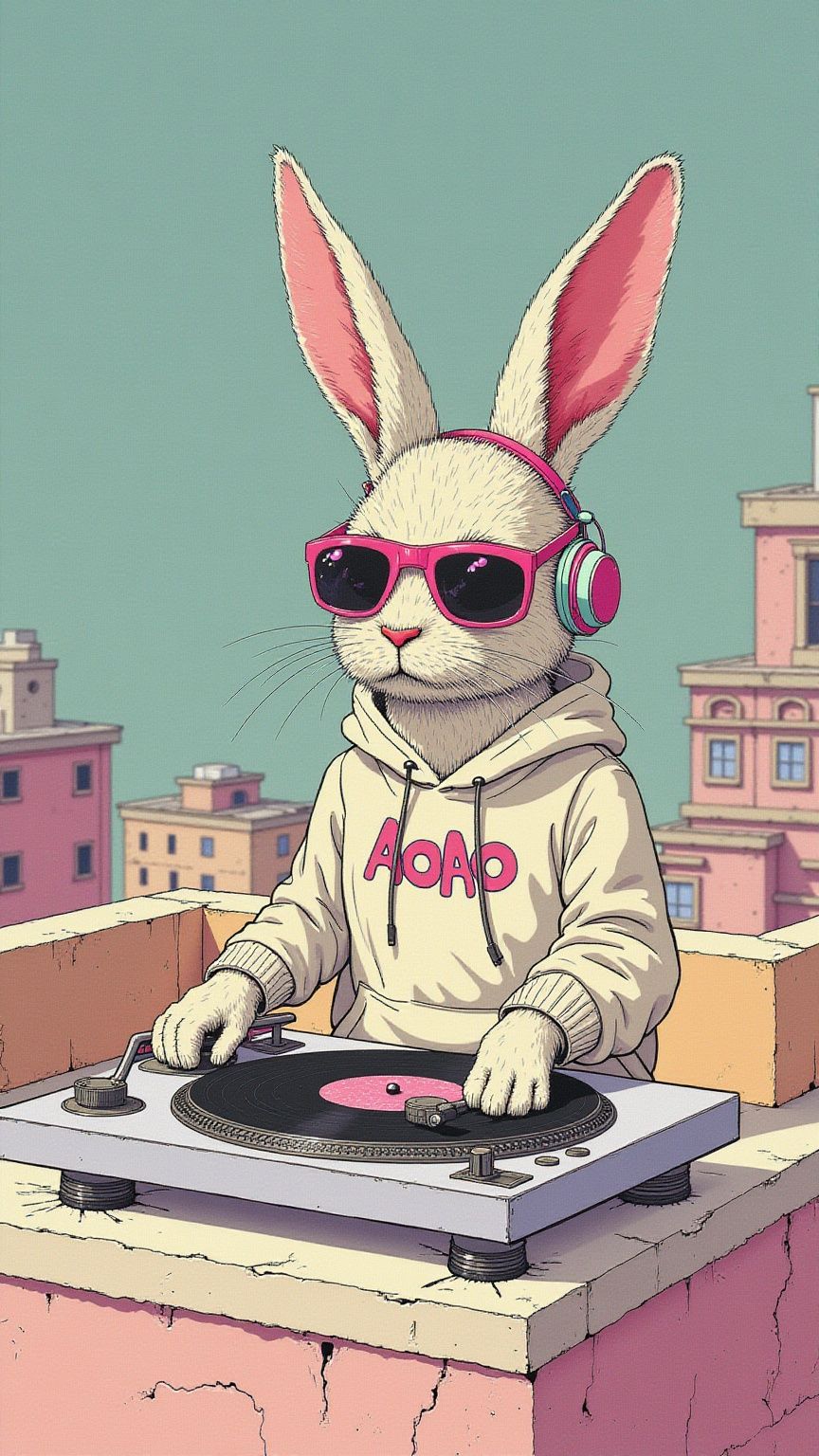 Kyro – A charming illustration of an adorable anthropomorphic rabbit DJ in hip-hop style, spinning tracks on a sleek turntab…