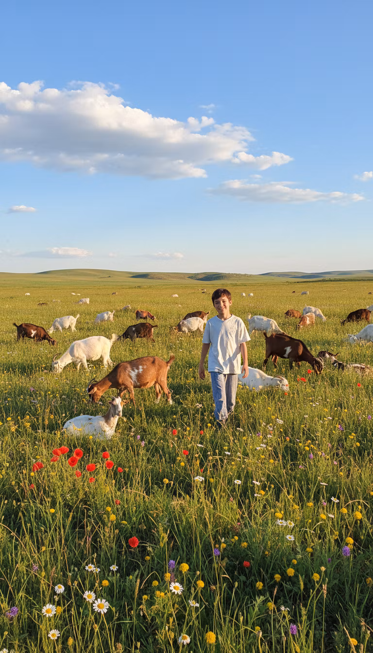 Maxyha Krolik – A peaceful pastoral scene of someone walking through a green meadow field with goats grazing nearby. Rolling hills in…
