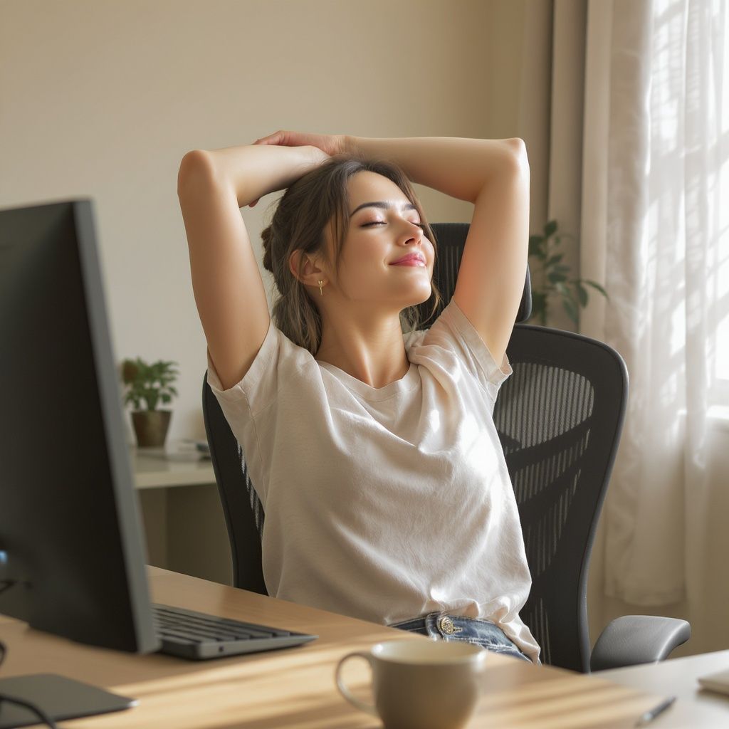 Дарья Пчелинцева – A young woman sits at a computer desk, stretching her arms up above her head in a relaxed, comfortable pose. She appe…