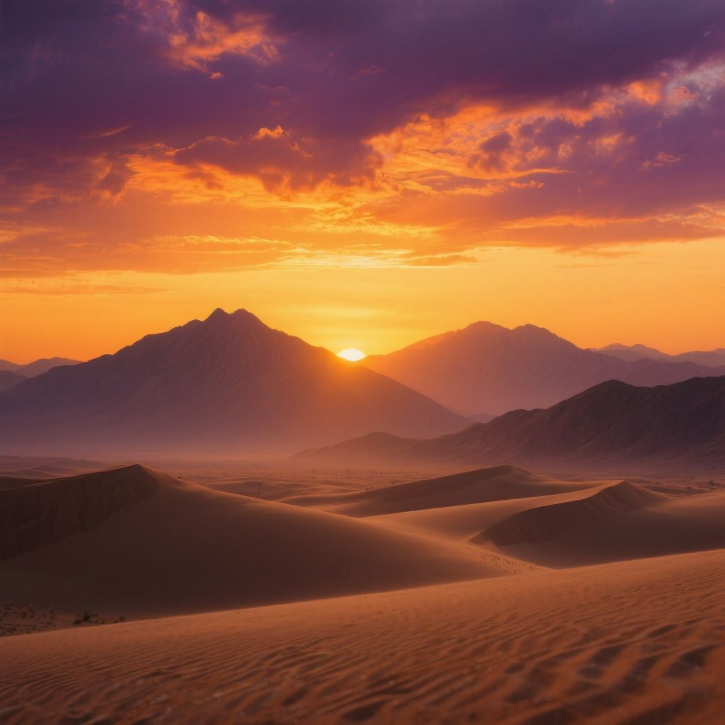 Matteus Danho – Breathtaking sunset landscape with majestic mountain silhouettes against a vibrant golden-orange sky, warm sand dunes…